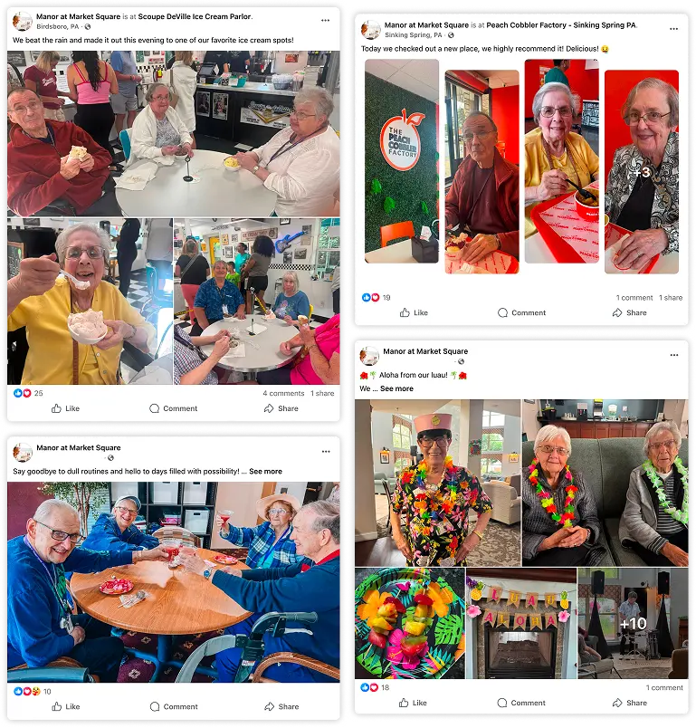 Manor at Market Square Facebook posts showing resident activities and events